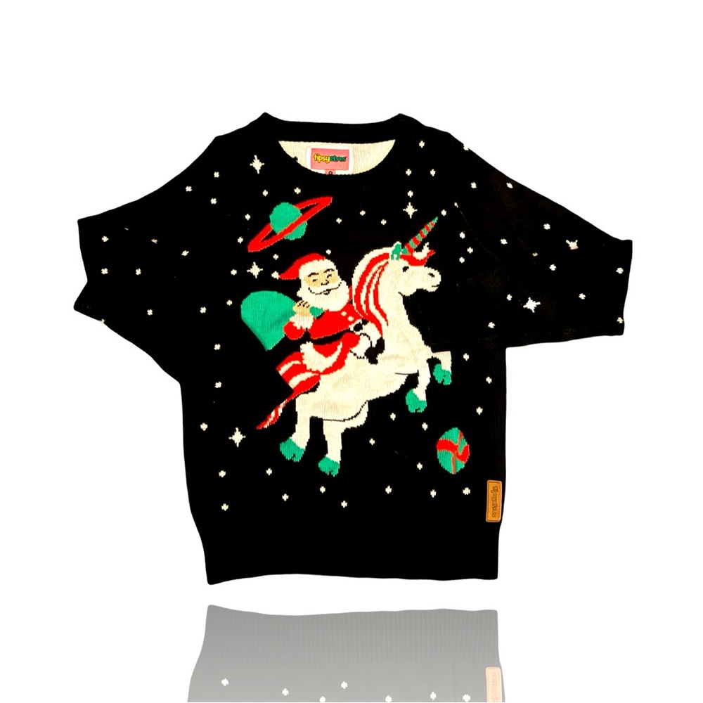 Ugly Christmas Sweater “Tipsy Elves” Santa Riding a Unicorn: Womens Medium